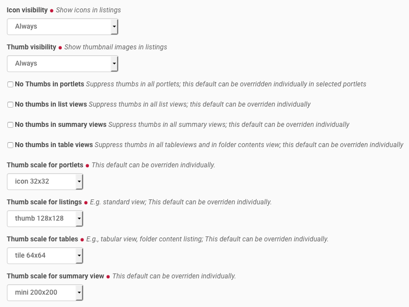 Site control panel with icon and thumb settings