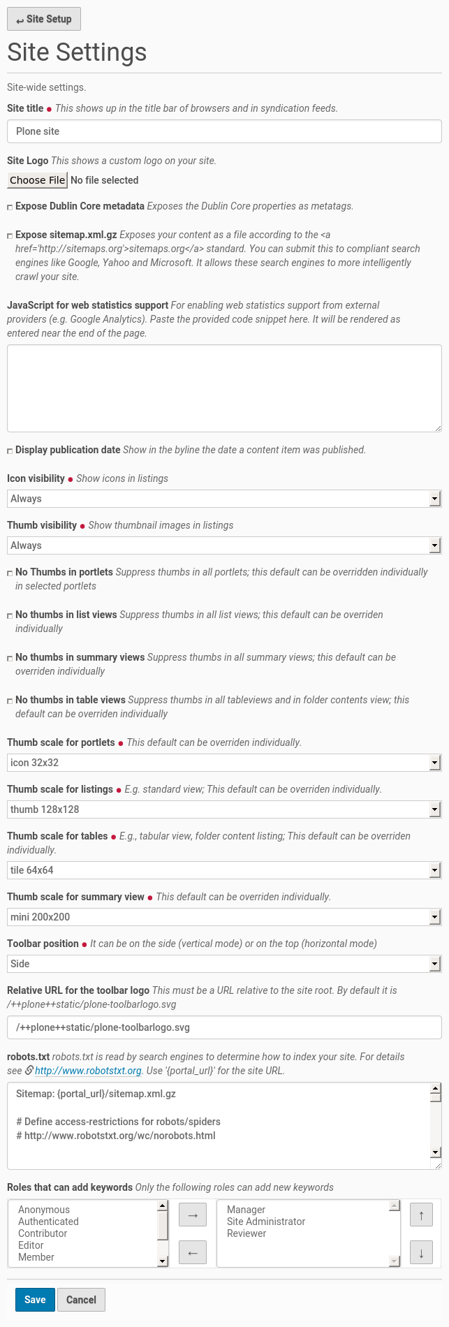 Site setup configuration